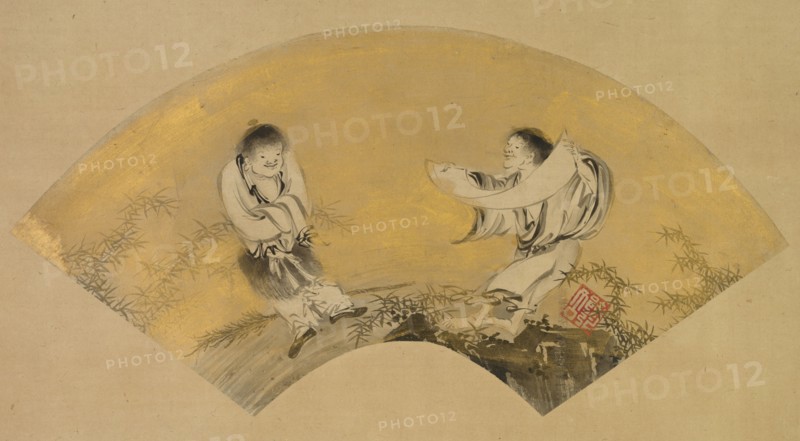 Hanshan and Shide (Kanzan and Jittoku), mid-1500s. Shikibu Terutada (Japanese, active mid-1500s). Fan-shaped painting mounted as hanging scroll; ink and gold on paper; painting: 25 x 49.7 cm (9 13/16 x 19 9/16 in.); mounted: 124.2 x 68.4 cm (48 7/8 x 26 15/16 in.).