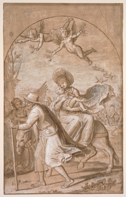 The Flight into Egypt, c. 1590. Gregorio Pagani (Italian, 1558-1605). Pen and brown ink and wash, heightened with white, over black chalk, on beige paper; sheet: 39.9 x 25 cm (15 11/16 x 9 13/16 in.).
