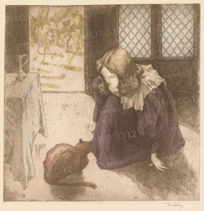 Interior, Little Girl with Cat (La Petite fille au chat), 1897. Alfredo Müller (Italian, 1869-1940). Etching and aquatint with handcoloring