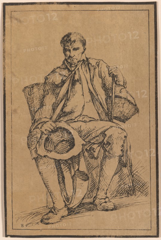 Forty Lithographic Impressions from Drawings of Landscape Scenery by Thomas Barker, Selected from His Studies of Rustic Figures after Nature: [Seated Man with Baskets Holding Hat and Walking Stick, published 1813. Thomas Barker (British, 1769-1847), Wood and Co., Bath, David J. Redman (British, fl. 1808-1823). Pen lithograph on thick wove paper; image and sheet: 21.6 x 14.2 cm (8 1/2 x 5 9/16 in.)