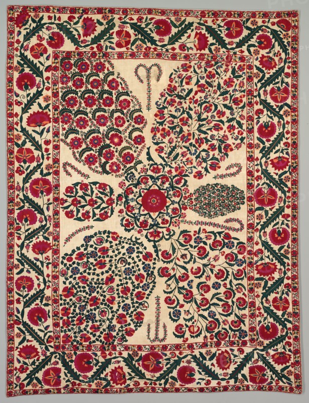 Suzani with floral sprays, 1800-1850. Central Asia, South West Uzbekistan, Shakhrisyabz. Plain weave: cotton, 6 strips; embroidery: silk