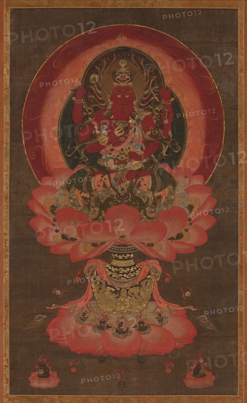 Wisdom King of Passion Aizen Myoo, 1300s. Japan, Kamakura period (1185-1333) to Nanbokucho period (1336-1392). Hanging scroll; ink, color, and gold on silk; painting: 102 x 60.5 cm (40 3/16 x 23 13/16 in.).