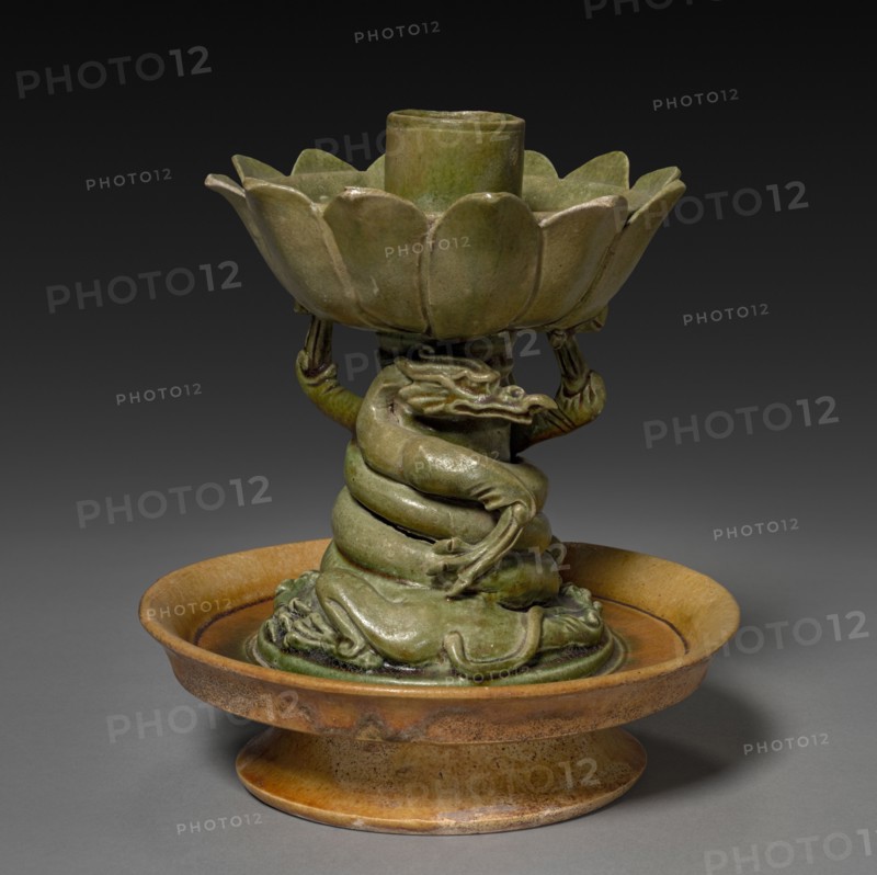 Lamp Stand with Coiling Dragons and Lotus Design, 581-907. China, Sui dynasty (581-618) to early Tang dynasty (618-907). Glazed earthenware, sancai (three-color ware); height: 22.8 cm (9 in.).
