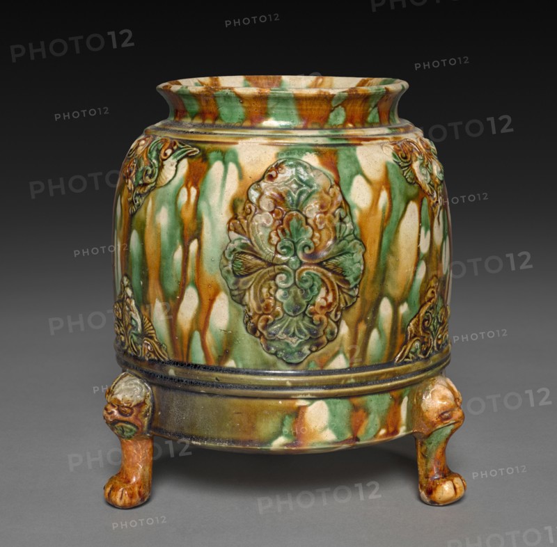Jar with Applied Floral Decoration, 618-907. China, Tang dynasty (618-907). Glazed earthenware, sancai (three-color ware); overall: 20.2 x 28.5 cm (7 15/16 x 11 1/4 in.).