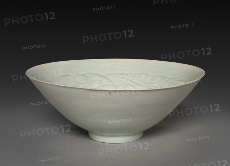Conical Bowl with Carved Babies and Floral Motif, 960-1279. China, Song dynasty (960-1279). Porcelain with pale bluish-white glaze, qingbai ("blue-white") ware; overall: 7.8 x 20.3 cm (3 1/16 x 8 in.); diameter: 21.6 cm (8 1/2 in.).