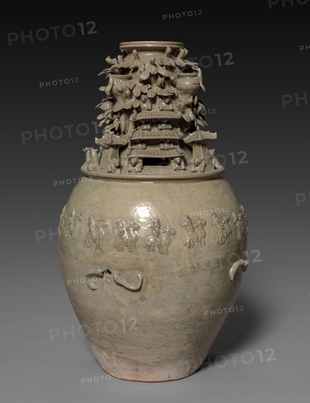 Funerary Urn (Hunping) with Figures, Pavilions, and Birds, 265-316. China, Western Jin dynasty (265-316). Glazed stoneware with molded and sculpted decoration; overall: 53 x 30 cm (20 7/8 x 11 13/16 in.).