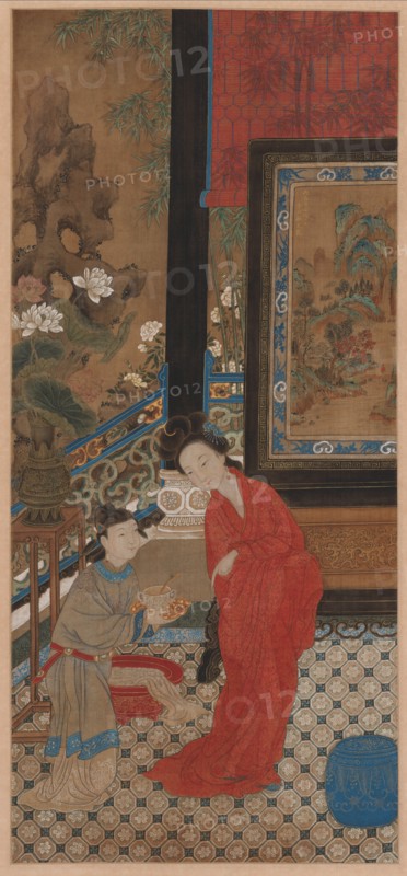 Yang Guifei Leaving the Bath, 1700s. China, Qing dynasty (1644-1911). Hanging scroll, ink, colors and gold on silk; painting only: 96.5 x 44.1 cm (38 x 17 3/8 in.); overall with knobs: 231.8 x 73 cm (91 1/4 x 28 3/4 in.).