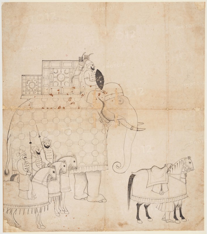 A drawing of Caparisoned Elephant and Horses, c. 1760. India, Jammu. miniature: 41 x 36.2 cm (16 1/8 x 14 1/4 in.).