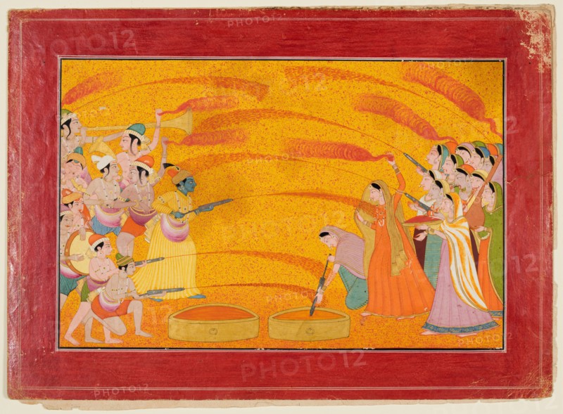 Krishna Celebrates Holi, c. 1770. Northern India, Himachal Pradesh, Pahari Kingdom of Guler. Opaque watercolor and gold on paper; page: 21 x 29.2 cm (8 1/4 x 11 1/2 in.); miniature: 15.6 x 24 cm (6 1/8 x 9 7/16 in.).
