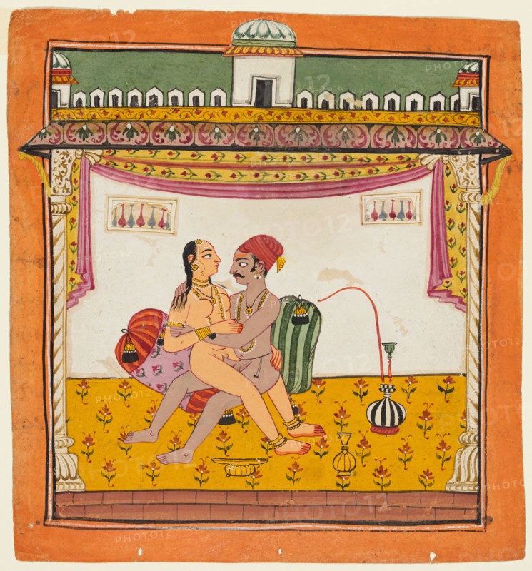 A couple seated against two pillows engaged in sex,  from an erotic series, c. 1700-10. India, Chamba style. Color on paper; page: 21.3 x 19.7 cm (8 3/8 x 7 3/4 in.).