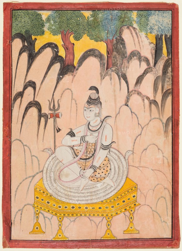 Shiva seated on a Throne in a landscape, c. 1760. Indian, Himachal Pradesh, Chamba region. Color on paper; page: 30.5 x 21.9 cm (12 x 8 5/8 in.); miniature: 28 x 19.7 cm (11 x 7 3/4 in.).