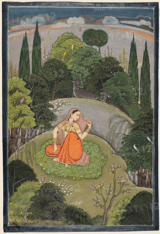 Utka Nayika, c. 1760-1765. Indian, Himachal Pradesh, Chamba region. Color on paper; page: 26 x 17.8 cm (10 1/4 x 7 in.); miniature: 24.5 x 16.5 cm (9 5/8 x 6 1/2 in.).
