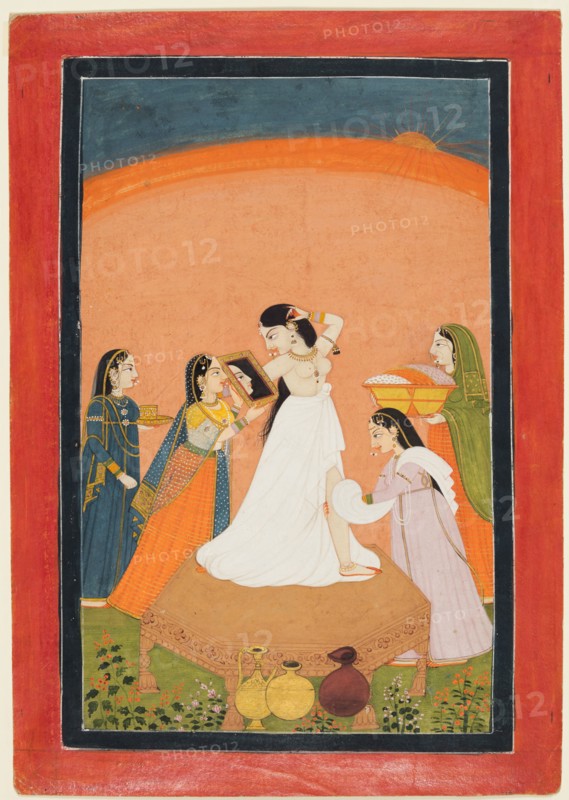 The Morning Toilette, c. 1810-25. Northern India, Himachal Pradesh, Pahari Kingdom, probably Chamba. Opaque watercolor and gold on paper; page: 26.7 x 18.9 cm (10 1/2 x 7 7/16 in.); miniature: 21.9 x 13.6 cm (8 5/8 x 5 3/8 in.).