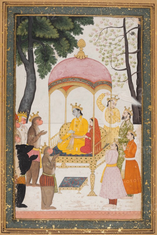 Enthroned Rama and Sita receive homage from their monkey and bear allies, c. 1765. Northern India, Himachal Pradesh, Pahari Kingdom of Nurpur. Opaque watercolor and gold on paper; page: 40 x 28.6 cm (15 3/4 x 11 1/4 in.); miniature: 23.7 x 15 cm (9 5/16 x 5 7/8 in.).