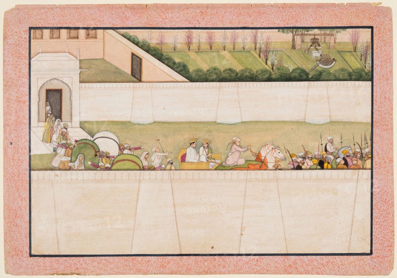 Rama’s Brothers Bharata and Shatrughna set out from Ayodhya to find Rama and Lakshmana in the forest to inform them of the death of their father Dasharatha, 1775-80. Northern India, Himachal Pradesh, Pahari Kingdom of Kangra. Opaque watercolor and gold on paper; page: 24.8 x 35.7 cm (9 3/4 x 14 1/16 in.); miniature: 20.3 x 30.6 cm (8 x 12 1/16 in.).