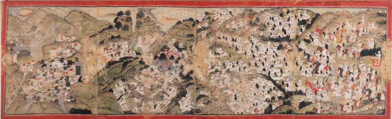 Raja Sansar Chand Attacking Kangra Fort, 1782. Northern India, Himachal Pradesh, Pahari Kingdom of Kangra. Opaque watercolor and gold on cotton cloth; painting: 81.3 x 264 cm (32 x 103 15/16 in.).