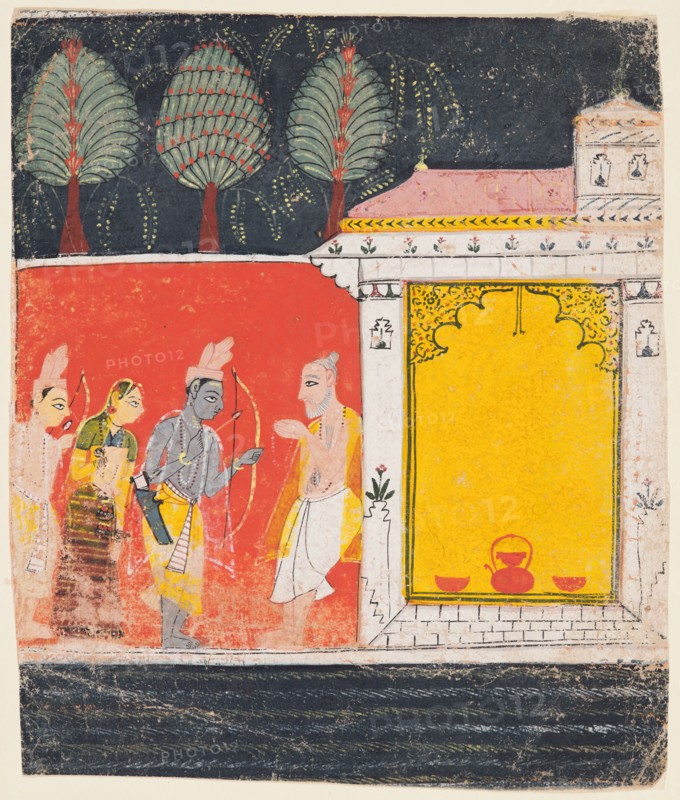 A page from a Ramayana: A night scene of Rama, Lakshman and Sita before the rishi Bharadwaja at Prayaga, c. 1650. Central India, Malwa. Color on paper; page: 18.1 x 15.6 cm (7 1/8 x 6 1/8 in.).