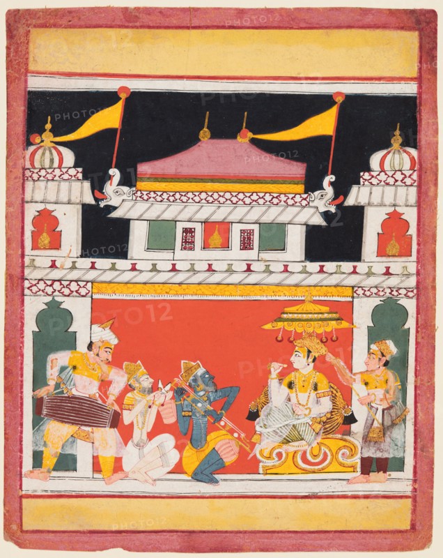 Shri Raga, from a Ragamala series; Three musicians perform before a noble, c. 1650. Central India, Malwa. Color on paper; 20.8 x 16.5 cm (8 3/16 x 6 1/2 in.).