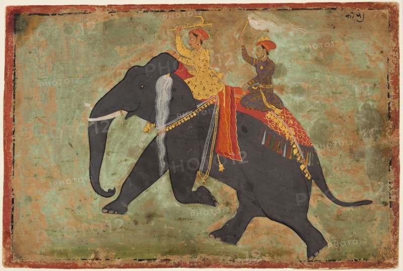 Prince Amar Singh as his own Mahout riding an Elephant, c. 1695. Attributed to Mewar Stipple Master (Indian). Color on paper; page: 26.8 x 40 cm (10 9/16 x 15 3/4 in.).