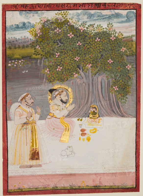 Rana Sangram Singh Worshipping a Linga under a Banyan Tree, c. 1712-15. Northwestern India, Rajasthan, Rajput Kingdom of Mewar. Opaque watercolor, ink, and gold on paper; page: 24.8 x 18.1 cm (9 3/4 x 7 1/8 in.); miniature: 23.2 x 16.8 cm (9 1/8 x 6 5/8 in.).