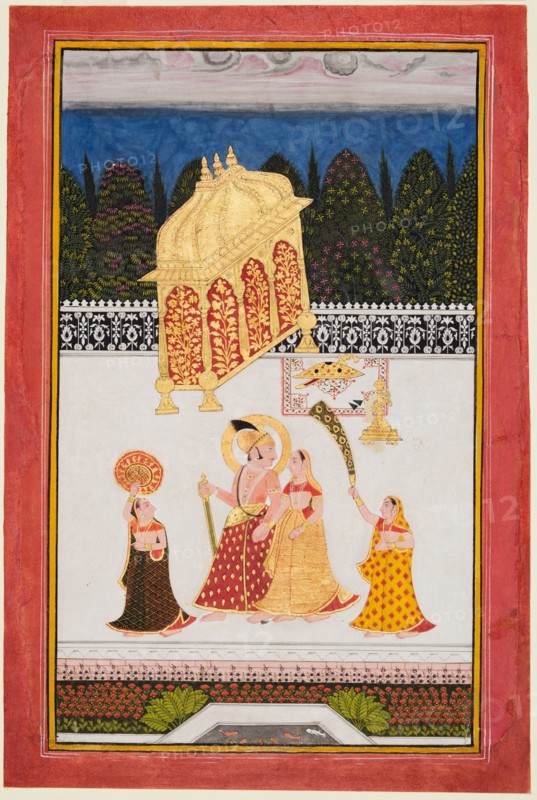 Maharana Ari Singh (c. 1761-73) and his consort on a terrace, c. 1761. India, Rajasthan, Mewar school. Color on paper; page: 46 x 30.9 cm (18 1/8 x 12 3/16 in.); miniature: 41 x 24.5 cm (16 1/8 x 9 5/8 in.).
