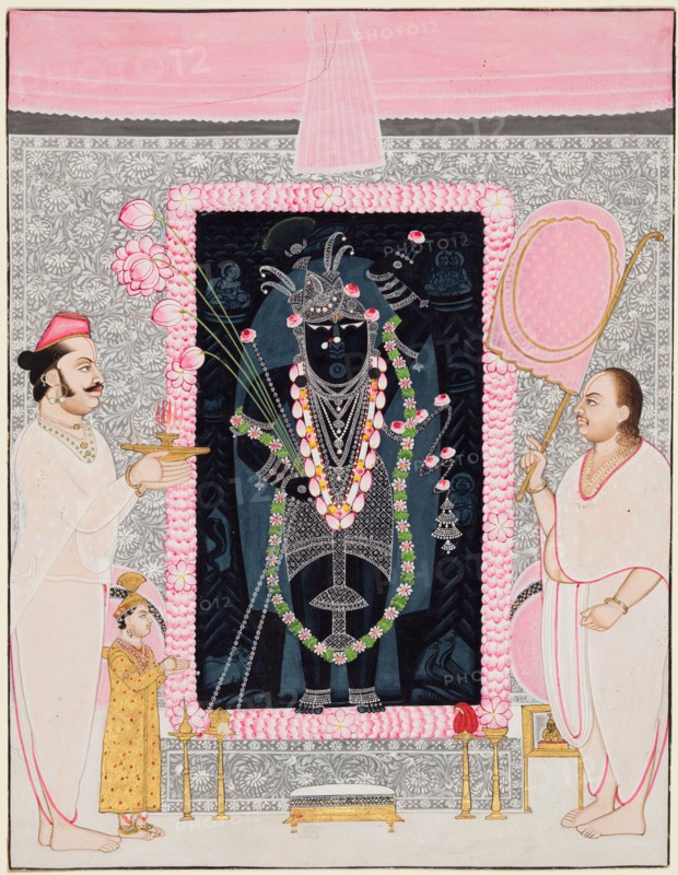 The head priest (Tilakayat) Govardhanlalji makes offerings to Shri Nathji in celebration of the flower festival (phulasajya) or Spring festival (Gulabi Gangaur), c. 1890. Attributed to Ghasiram Hardev Sharma (Indian, 1866-1930). Color on paper; page: 28.6 x 21.9 cm (11 1/4 x 8 5/8 in.).