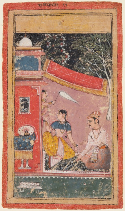 A page form a Ragamala series: Ramakali Ragini of Hindol Raga, c. 1610. India, Rajasthan, Bundi. Color on paper; page: 21.3 x 12.4 cm (8 3/8 x 4 7/8 in.).