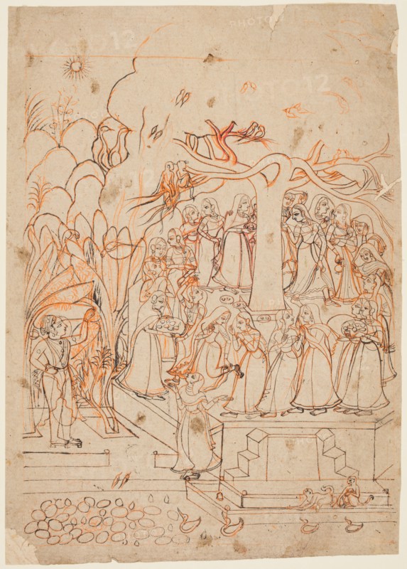 A leaf from a Baramasa series: the month Jyestha (May-June), Krishna watches the Gopis dancing around a tree, c. 1760. India, Rajasthan, Bundi. Color on paper; page: 29.2 x 21 cm (11 1/2 x 8 1/4 in.).