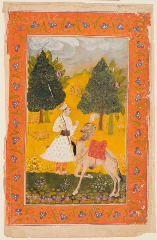 A Rajput Warrior with Camel, Possibly Maru Ragini from a Ragamala, 1650-80. Northwestern India, Rajasthan, Rajput Kingdom of Amber or Southwestern India, Deccan. Opaque watercolor, ink, and gold on paper; miniature: 26 x 17.6 cm (10 1/4 x 6 15/16 in.).