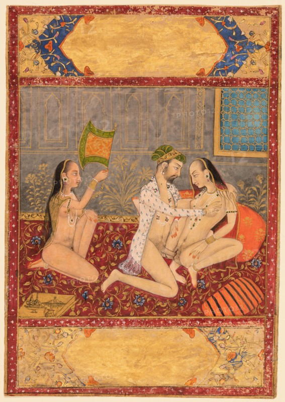 Couple in Erotic Embrace, c. 1720-30. Northwestern India, Rajasthan, Jaipur. Color on paper; page: 13.7 x 9.5 cm (5 3/8 x 3 3/4 in.); miniature: 8.3 x 8.6 cm (3 1/4 x 3 3/8 in.).