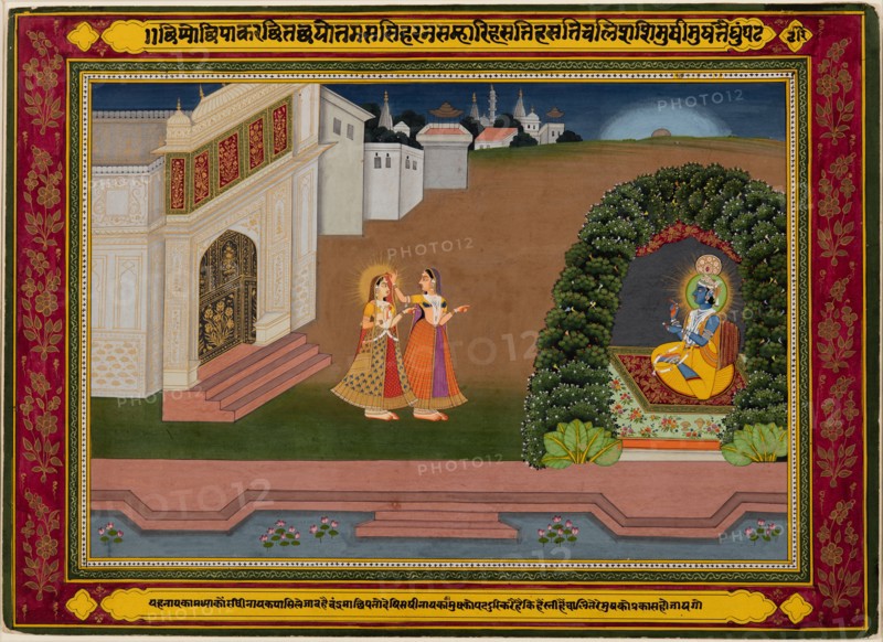 A Sakhi brings Radha to Krishna, c. 1790-1800. Northwestern India, Rajasthan, Jaipur. Color on paper; page: 28.3 x 39.4 cm (11 1/8 x 15 1/2 in.); miniature: 21.6 x 31.4 cm (8 1/2 x 12 3/8 in.).