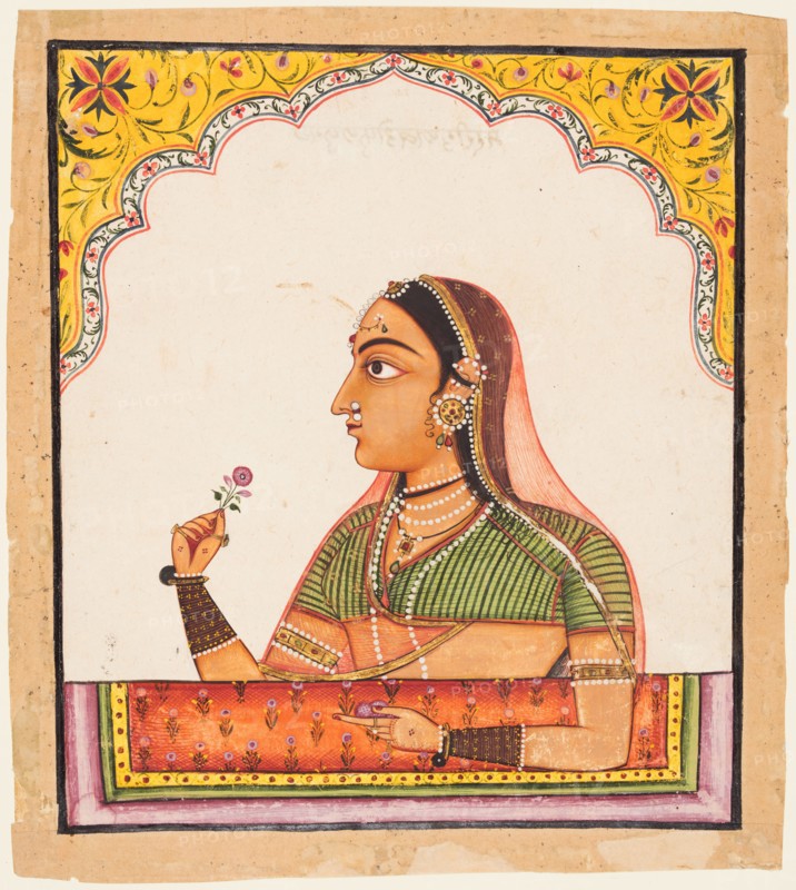 From a series of female portraits: A lady at a jharoka window holding a rose, c. 1730. India, Rajasthan, Sawar. Color on paper; page: 28 x 25.2 cm (11 x 9 15/16 in.); miniature: 24.8 x 21.6 cm (9 3/4 x 8 1/2 in.).