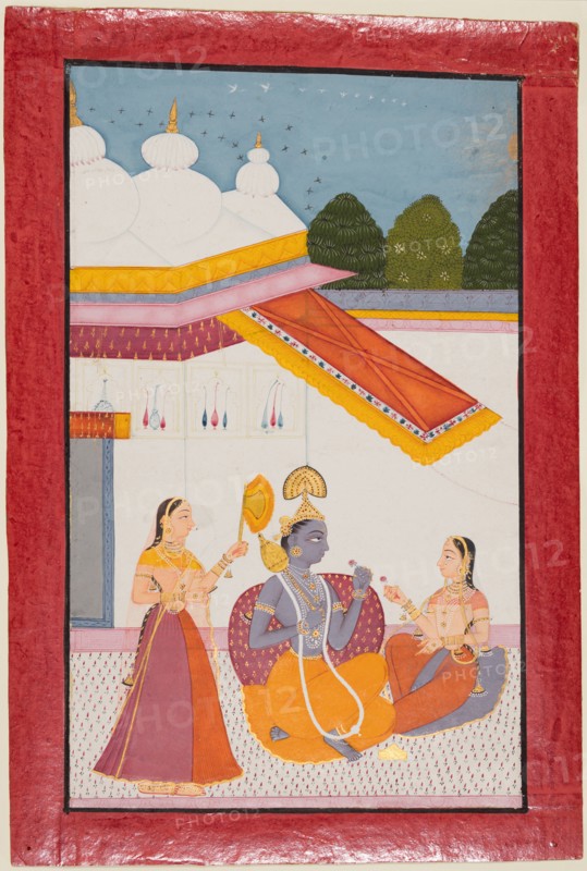 Krishna under a canopy, c. 1680. India, Rajasthan, Raghogarh. Color on paper; page: 26.7 x 17.8 cm (10 1/2 x 7 in.); miniature: 22.9 x 14 cm (9 x 5 1/2 in.).