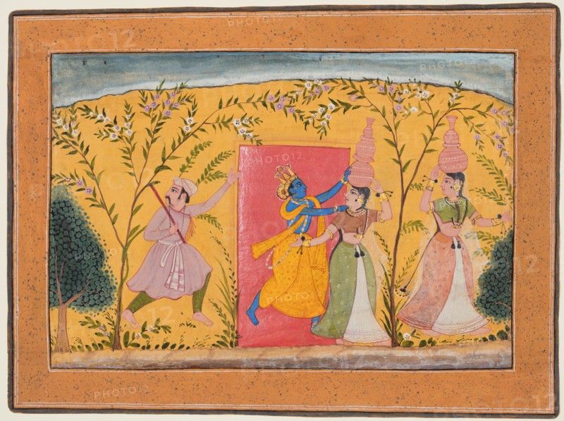Krishna Exacts a toll from the Milkmaids, from a Bhagavata Purana, c. 1600. Northwestern India, Rajasthan, Bikaner. Color on paper; page: 21.6 x 29.2 cm (8 1/2 x 11 1/2 in.).
