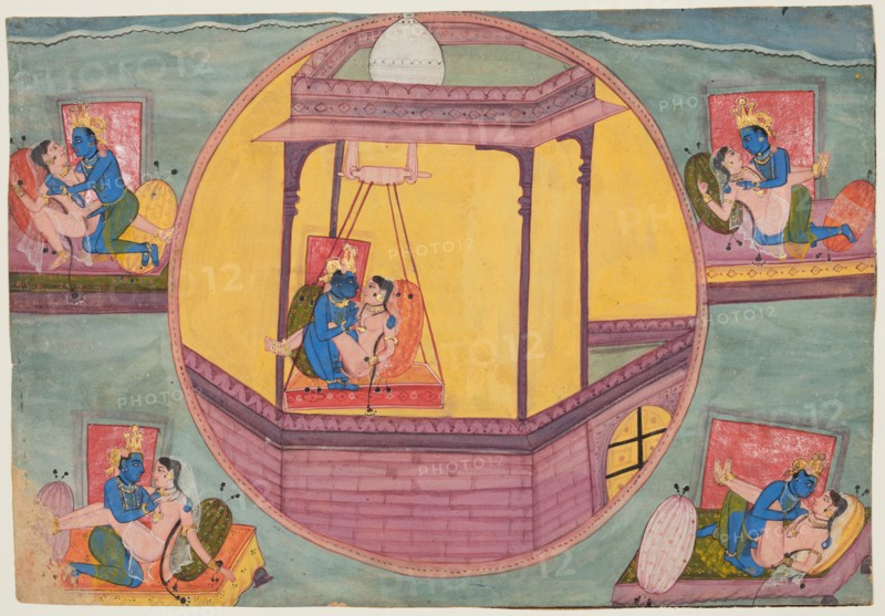 Five poses of Krishna making love, from a Bhagavata Purana, c. 1600. Northwestern India, Rajasthan, Bikaner. Color on paper; miniature: 17.5 x 25.4 cm (6 7/8 x 10 in.).