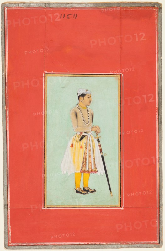 Prince Suraj Singh Rathor of Bikaner, 1611-13. Northwestern India, Rajasthan, Rajput Kingdom of Bikaner. Opaque watercolor and gold on paper; page: 20.5 x 13.4 cm (8 1/16 x 5 1/4 in.); miniature: 11.2 x 6.4 cm (4 7/16 x 2 1/2 in.).