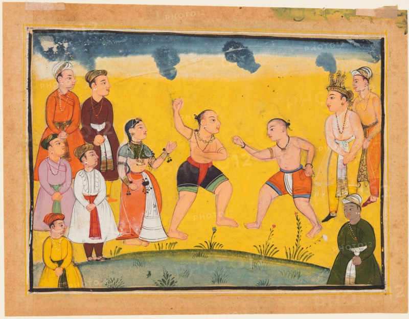 A page from the Mahabharata: Bhima fighting with Jayadratha, c. 1615. India, Popular Mughal School, probably done at Bikaner. Color on paper; page: 14.6 x 19.4 cm (5 3/4 x 7 5/8 in.); miniature: 11.2 x 16.5 cm (4 7/16 x 6 1/2 in.).