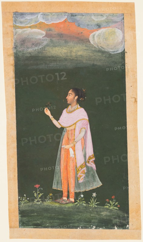 Lady Holding a Flower, c. 1670s–80s. Northwestern India, Rajasthan, Rajput Kingdom of Bikaner. Opaque watercolor and gold on paper; miniature: 19.7 x 10 cm (7 3/4 x 3 15/16 in.).