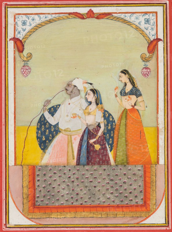 Maharaja Sri Anand Singhji and his consort, 1729. Ustad Murad (Indian, active 1700s). Color on paper; page: 22.2 x 16.8 cm (8 3/4 x 6 5/8 in.); miniature: 15.2 x 10.8 cm (6 x 4 1/4 in.).