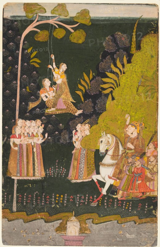 Maharaja Abhai Singh, Equestrian, Watching Girls Swinging at the Teej Festival, c. 1740. Northwestern India, Rajasthan, Marwar, Rajput Kingdom of Jodhpur. Opaque watercolor, ink, tin, and gold on paper; miniature: 29.9 x 19.4 cm (11 3/4 x 7 5/8 in.).