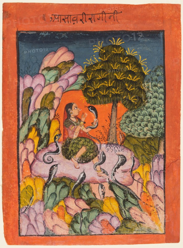 A page from a Ragamala series: Asavari Ragini, early 1700s. India, Sirohi. Color on paper; page: 22.2 x 16.5 cm (8 3/4 x 6 1/2 in.); miniature: 18.4 x 13.3 cm (7 1/4 x 5 1/4 in.).