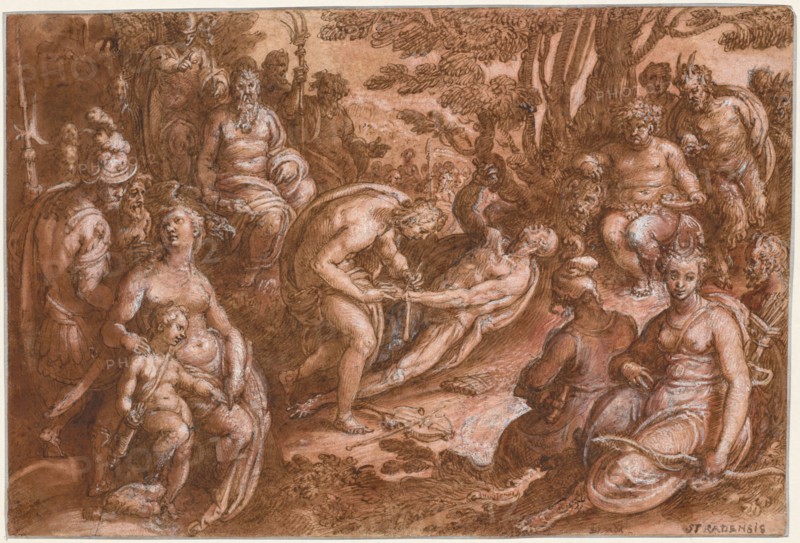 The Flaying of Marsyas, ca. 1585-1603. Jan van der Straet, called Johannes Stradanus (Netherlandish, active Antwerp and Florence, 1523-1605). Pen and brown ink and brown and red washes, heightened with white, on paper prepared with red wash; sheet: 21.1 x 31.5 cm (8 5/16 x 12 3/8 in.).