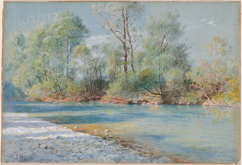 Traunstein River on the Road to Empfig, Bavaria, about 1893-96. William Stanley Haseltine (American, 1835-1900). Watercolor and gouache on blue paper; sheet: 38.3 x 56.5 cm (15 1/16 x 22 1/4 in.); mounted, primary: 38.3 x 56.5 x 0.2 cm (15 1/16 x 22 1/4 x 1/16 in.).