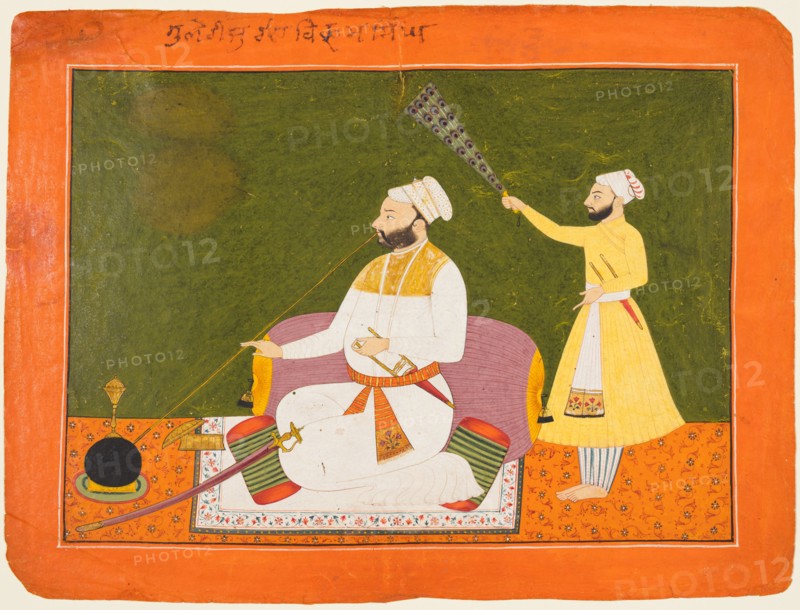 Raja Bikram Singh of Guler (reigned 1661-85) Smoking, about 1680. Northern India, Himachal Pradesh, Pahari Kingdom, probably Chamba. Opaque watercolor and gold on paper; page: 21.9 x 28.9 cm (8 5/8 x 11 3/8 in.); miniature: 17.2 x 24.1 cm (6 3/4 x 9 1/2 in.).
