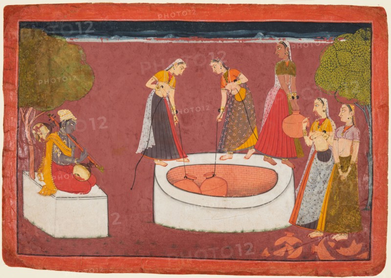 Madhava plays his vina before five women drawing water from a well, from a Madhavanala Kamakandala series, c. 1700. India, Bilaspur. Color on paper; page: 21.9 x 31.2 cm (8 5/8 x 12 5/16 in.).
