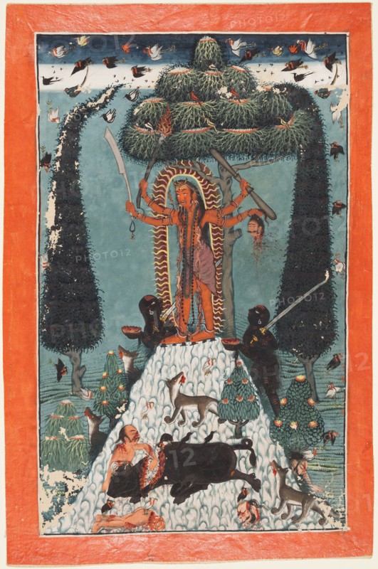 The Goddess Kali Standing upon a Mountaintop, c. 1730. Northern India, Himachal Pradesh, Pahari Kingdom of Mandi. Opaque watercolor and gold on paper; page: 28 x 18.4 cm (11 x 7 1/4 in.); miniature: 24.8 x 15.2 cm (9 3/4 x 6 in.).