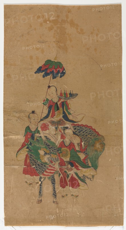 Daoist Immortal on a Kilin and Two Attendants, 1392-1910. Korea, Joseon dynasty (1392-1910). Ink and color on paper; painting only: 52.8 x 28.8 cm (20 13/16 x 11 5/16 in.); overall: 60.8 x 38 cm (23 15/16 x 14 15/16 in.).