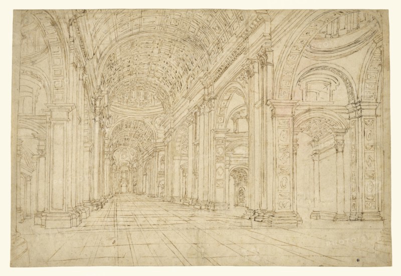 Interior of Saint Peter's Basilica; 17th century; Black chalk, pen and brown ink; 28.9 x 42.9 cm, 11 3,8 x 16 7,8 in