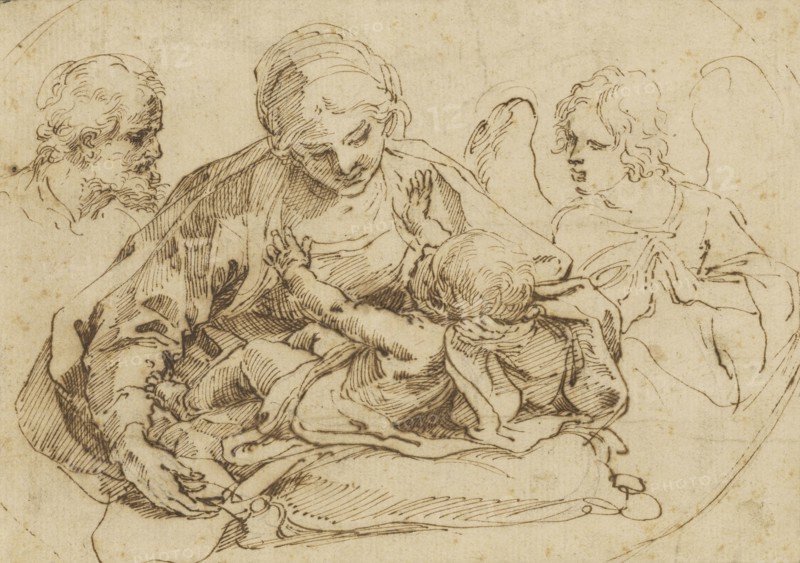 Holy Family with an Angel; Guido Reni, Italian, 1575 - 1642, mid - late 1590s; Pen and brown ink; 14.1 x 20 cm