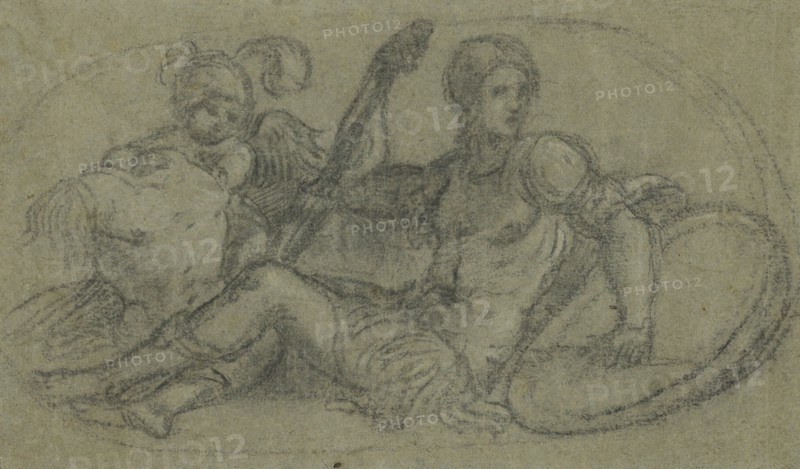 Seated Male Figure with Putto and Armor; Paris Bordone, Italian, Venetian, 1500 - 1571, Italy; about 1550; Black chalk on blue